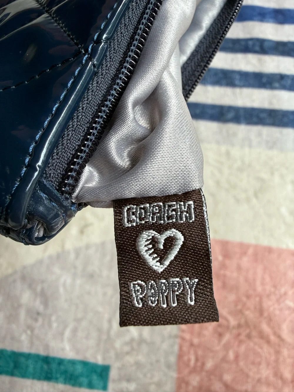 Coach Poppy Navy Quilted Patent Wristlet with Strap
